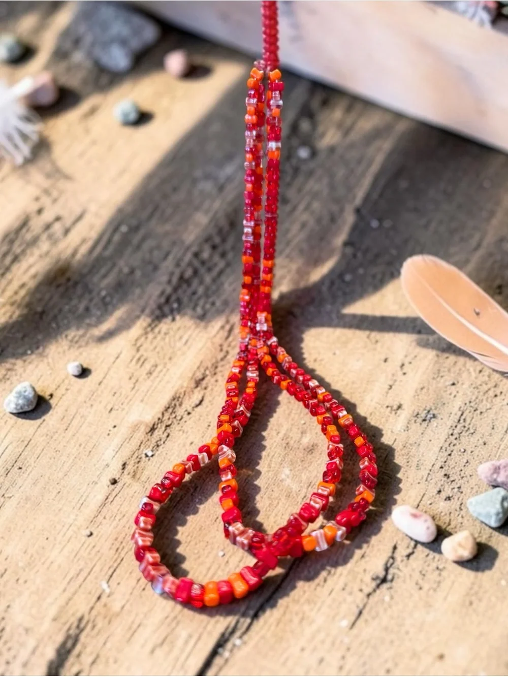 Vintage Red Orange Glass Bead Long Strand Necklace 49” Boho